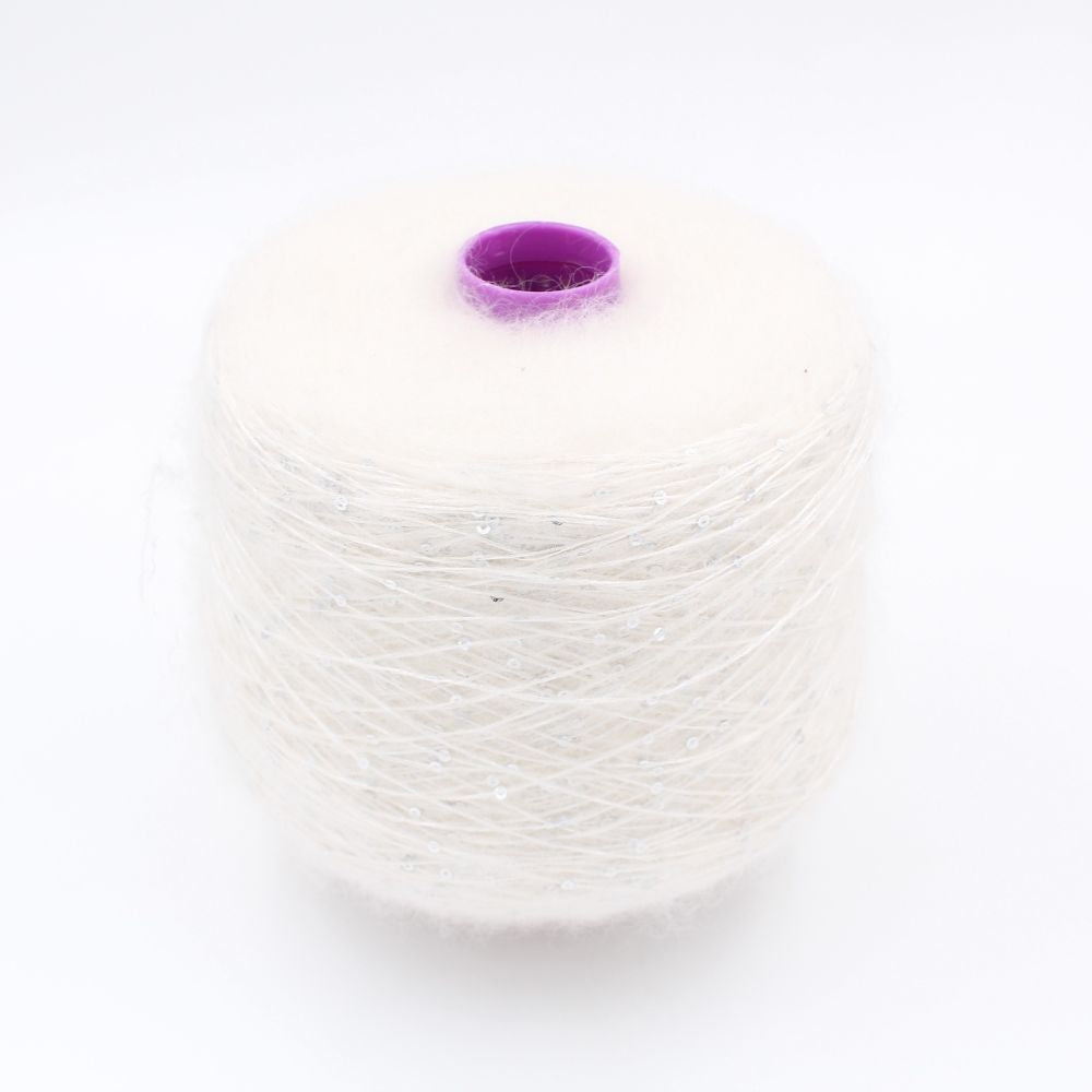 filato nm 9000 50% mohair 40% seta 10% poliammide con paillettes colore bianco rocche 590 gr