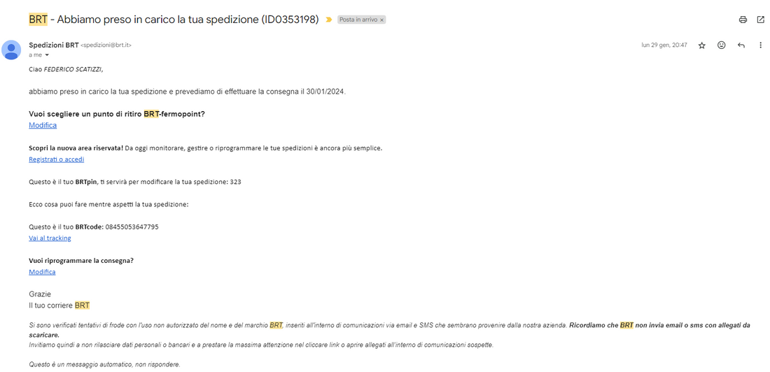 Servizi dei Corrieri via email