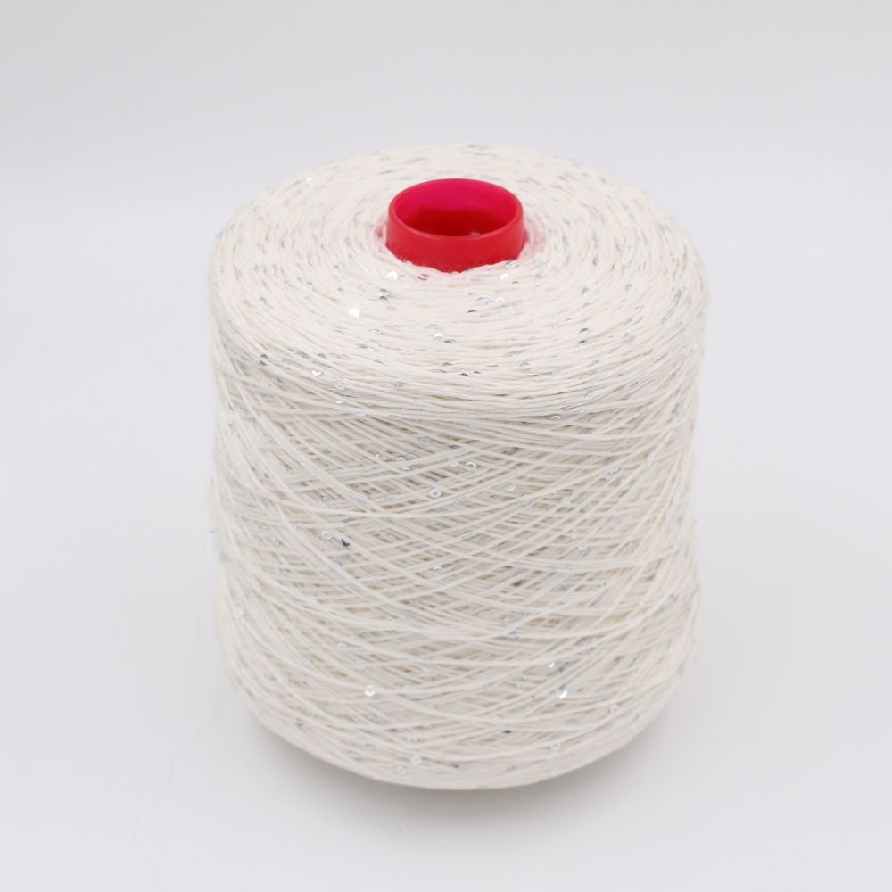 Filato 70% merino extrafine 30% cashmere nm 7000 con paillettes colore bianco rocche 470 gr