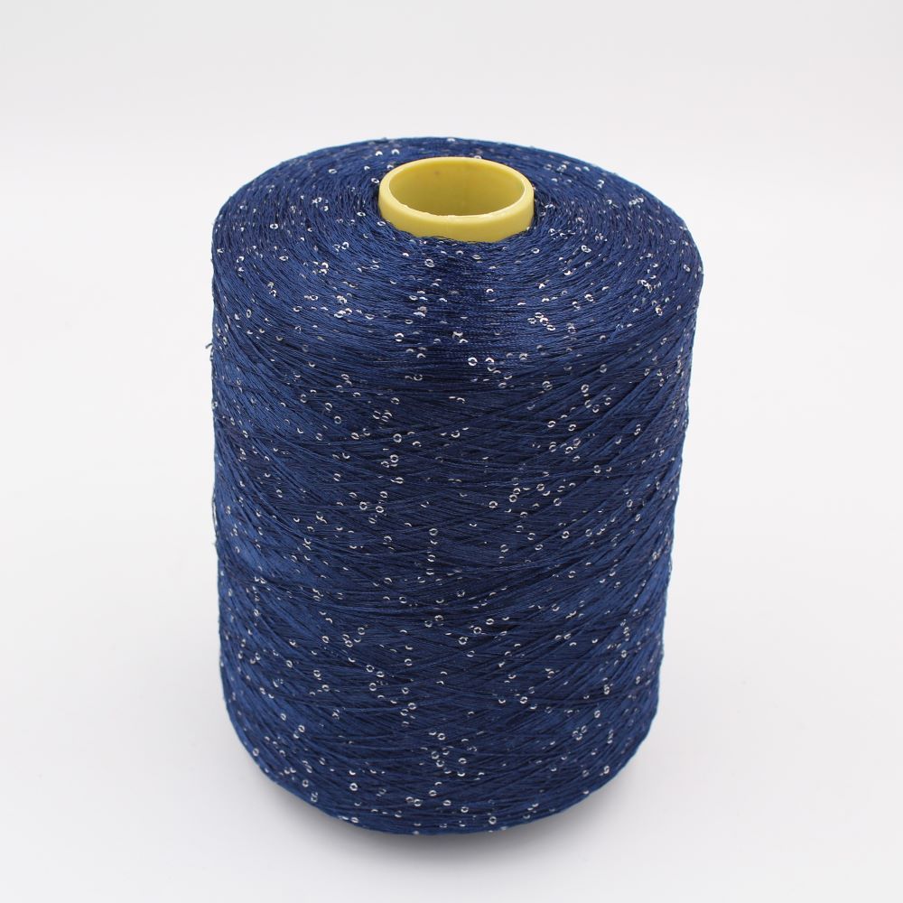 100% polyester yarn, nm. 8000, with sequins blue color cones 610 gr